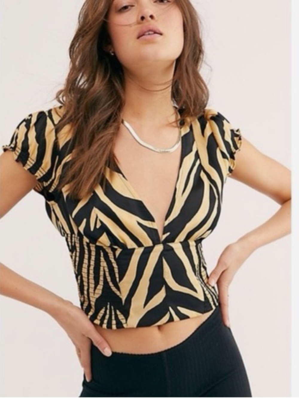 Free People Show Me Love Zebra Print Smocked Plunge Crop Top Medium